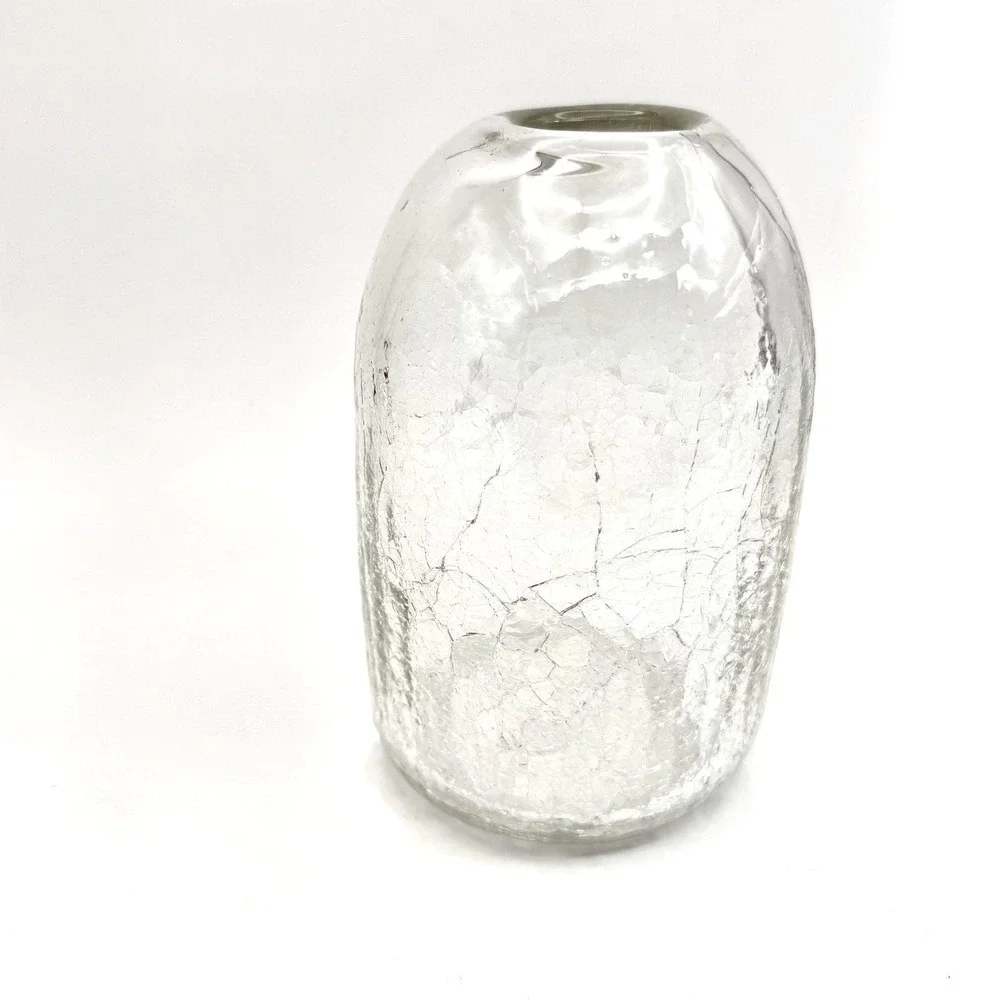 Vint. Hand‎ Blown Crackle Glass Vase Clear Textured Cylindrical Signed Art Glass